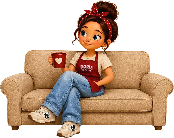 Doris maskot s cookie na gauči